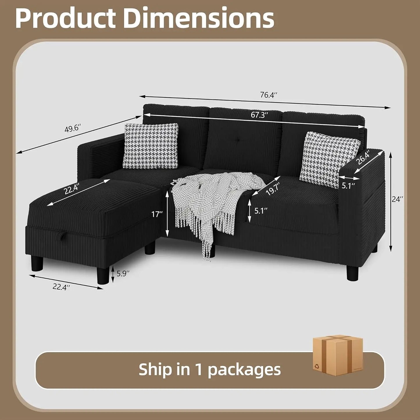 Convertible Sectional Couches for Living Room, L-Shaped Couch 3 Seat Sectional Sofa Set with Corduroy Fabric , Customized
