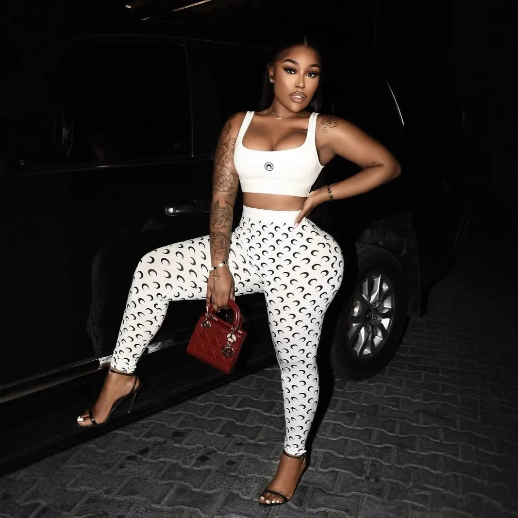 Sexy Women Two Piece Set Slim Fit Vest Pants Y2K Fashion High Street Retro Crescent Print Matching Outfit