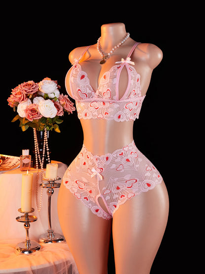 Pink Lace Open Brassiere Crotchless Panties Sexy Lingerie Female Sling Seductive Women's Fetish Transparent Underwear Sets