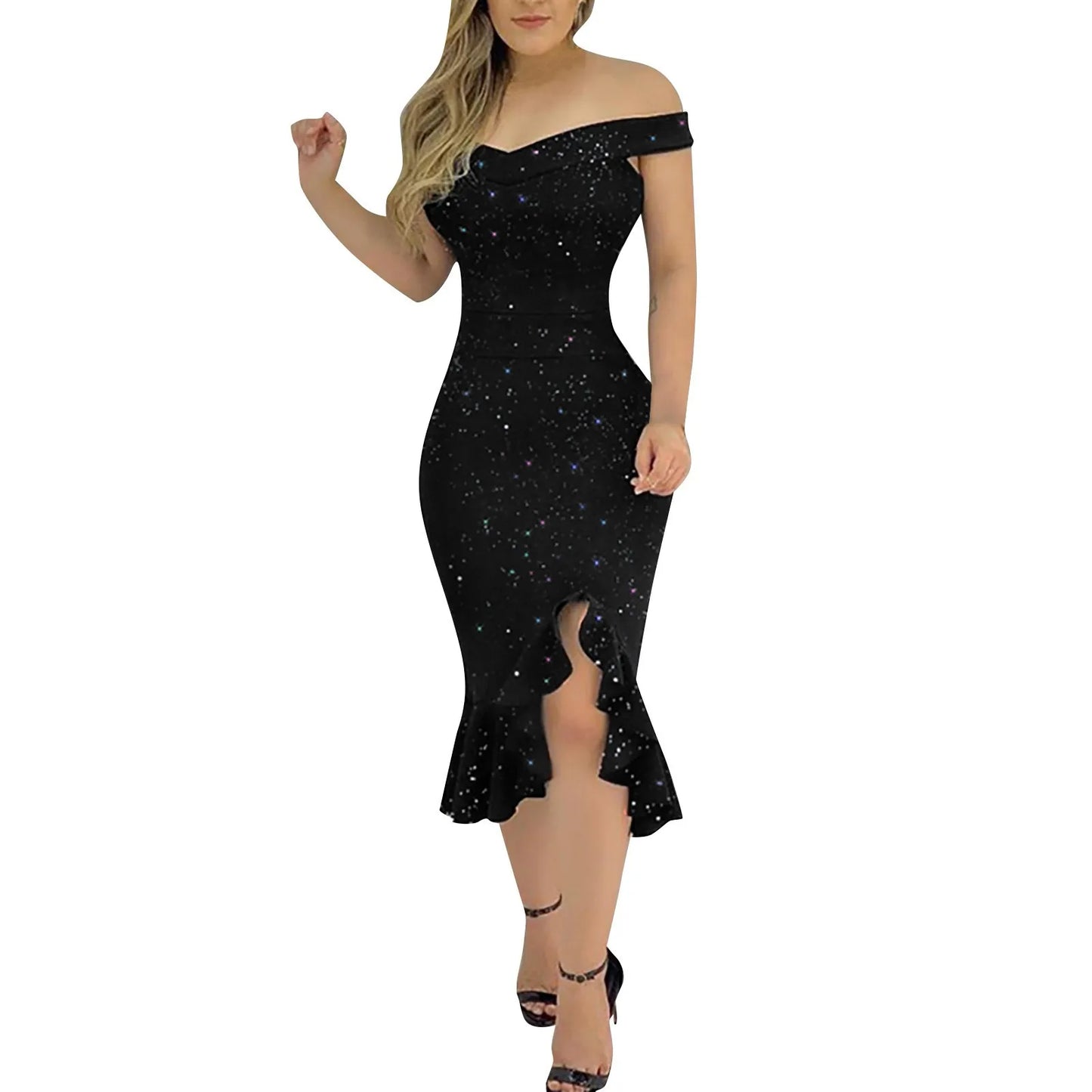 Women's Fashion Sexy Summer Off Shoulder  Short Sleeve Sequin Ruffle Irregular Dresses elegant women's dresses for party 2024