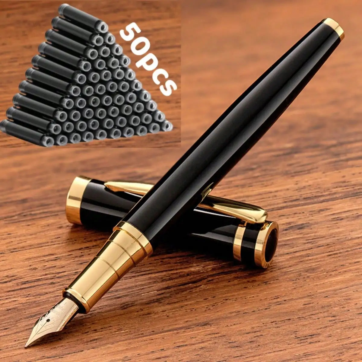 51-Piece Set (1 Pen + 50 Ink Cartridges), 0.5mm Tip, Iridium Nib, Stainless Steel Pen Body, Suitable for Calligraphy, Elegant and High-End, Luxurious and Noble, Suitable for 2.6mm Diameter, Student Stationery, Gifts, Valentin