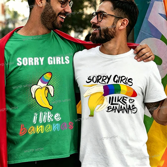Rainbow Bananas "Sorry Girls I Like Bananas" Print T Shirt Vintage Men Short Sleeve Fun Gay Tees Casual Pride Month LGBTQ Tshirt