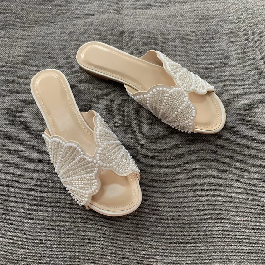 Luxury Summer Flat Sandals for Women Fashion Faux Pearl Designer Slide Sandal Comfortable Lightweight Beach Casual Shoes Woman