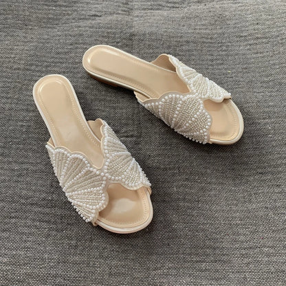 Luxury Summer Flat Sandals for Women Fashion Faux Pearl Designer Slide Sandal Comfortable Lightweight Beach Casual Shoes Woman