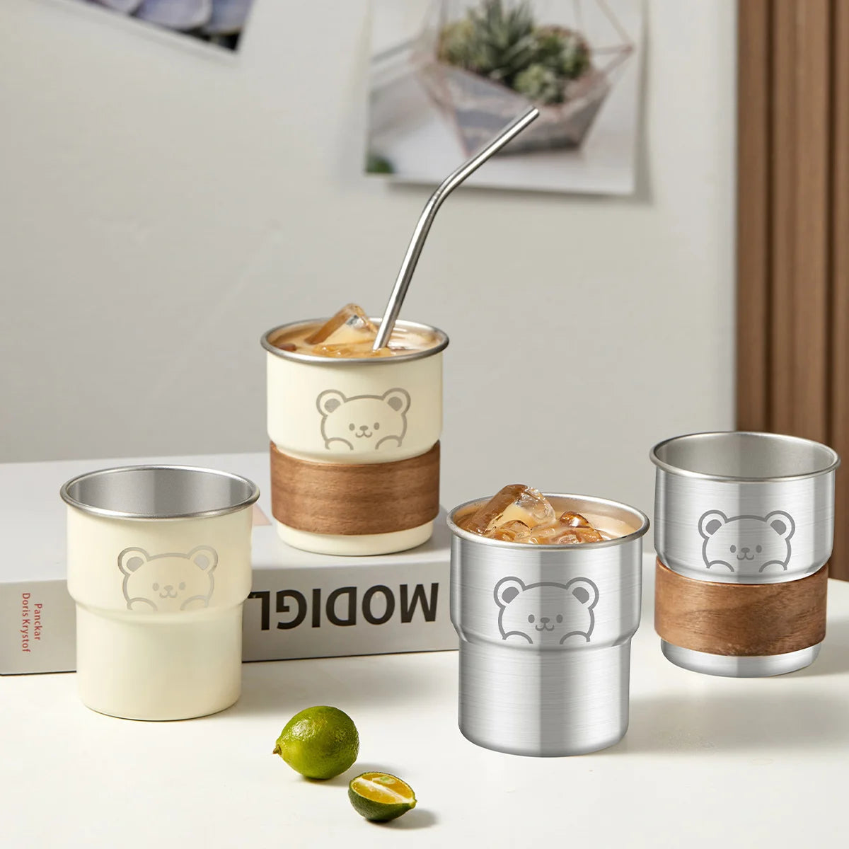 WORTHBUY 300ML Cute Little Bear Water Mug 304 Stainless Steel Coffee Cup With Wooden Anti Scald Pad Office Workers Tumbler