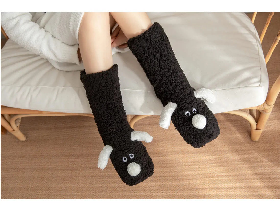 Fuzzy Fluffy Sock Women Cartoon 3D Dog Winter Warm Plush Non slip Home Sleeping Soft Female Floor Thermal Funny Slipper Sock