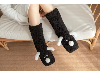 Fuzzy Fluffy Sock Women Cartoon 3D Dog Winter Warm Plush Non slip Home Sleeping Soft Female Floor Thermal Funny Slipper Sock