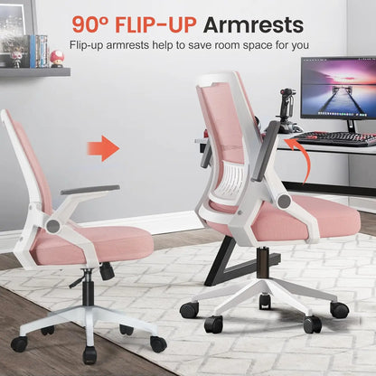 Ergonomic Office Chair with Flip-up Armrests, Breathable Mesh & Lumbar Support in Pink