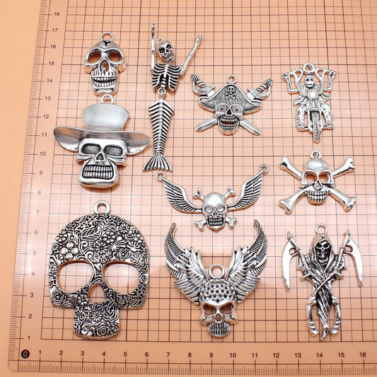 30Pcs/Bag 10 Styles Antique Silver Color Skull Skeleton Charms Pendant Diy Jewelry Accessories For Jewelry Making