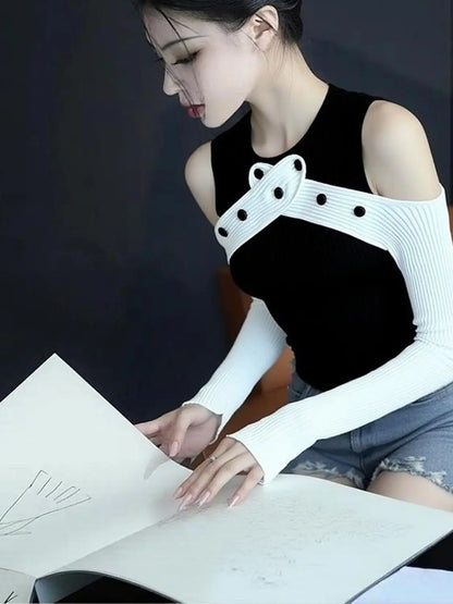 Women Clothing Autumn Fashion Simplicity Trend Hollow Out Knitting O-neck Female Color Blocking Appear Thin Slim Pullovers Sweat