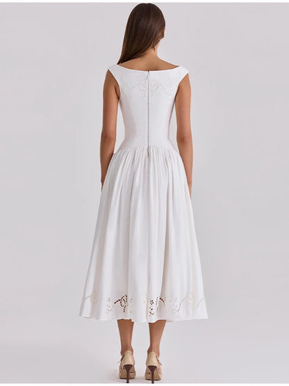Minimalist White Boat Neck Midi Dress Women Elegant Cap Sleeve A-line Flare Eyelet Embroidery Vestido Wedding  Formal Party Gown