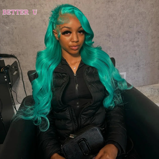 Blue 13X6 HD Clear Lace Front Human Hair Wig Pre-Plucking Baby Green Lace Front Wig Teal 13x4 HD  Lace Front Women's Wig