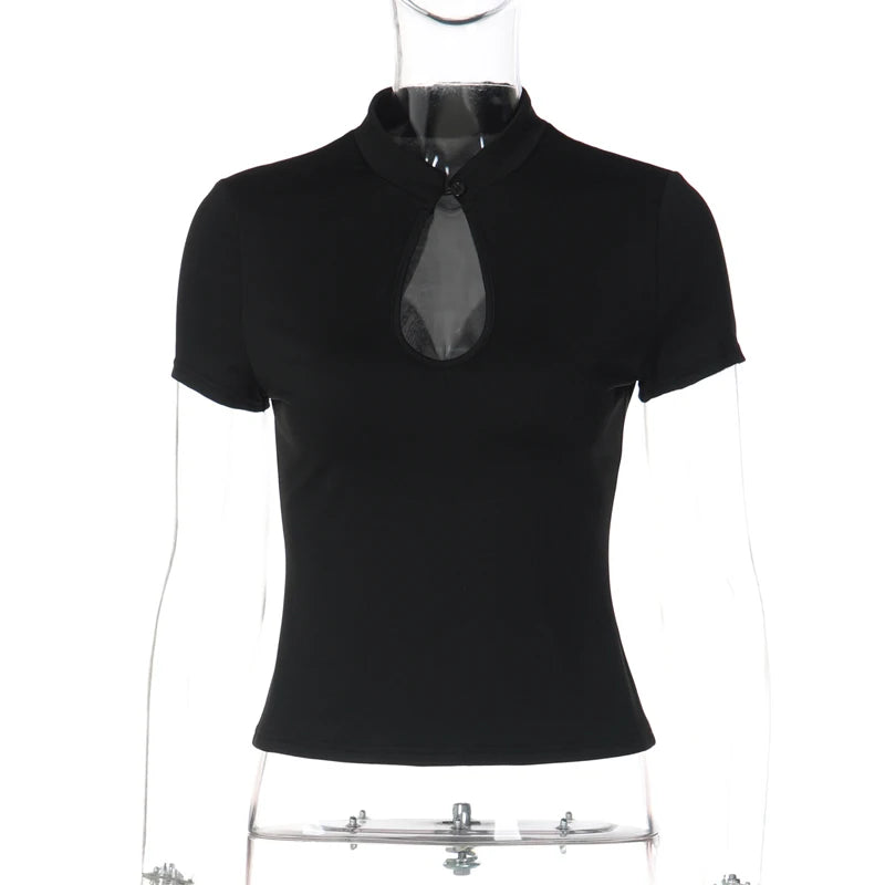 Stand Collar Button Hollow Out T-shirt Women Sexy Solid Short Sleeves Slim Fit Cropped Shirts 2026 Lady Daily Street Outwear New