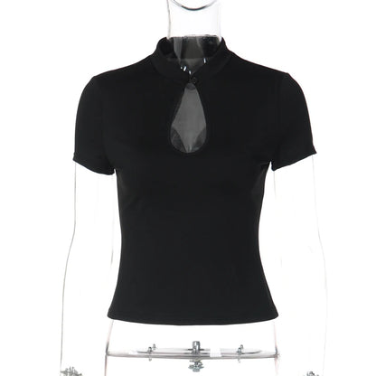 Stand Collar Button Hollow Out T-shirt Women Sexy Solid Short Sleeves Slim Fit Cropped Shirts 2026 Lady Daily Street Outwear New