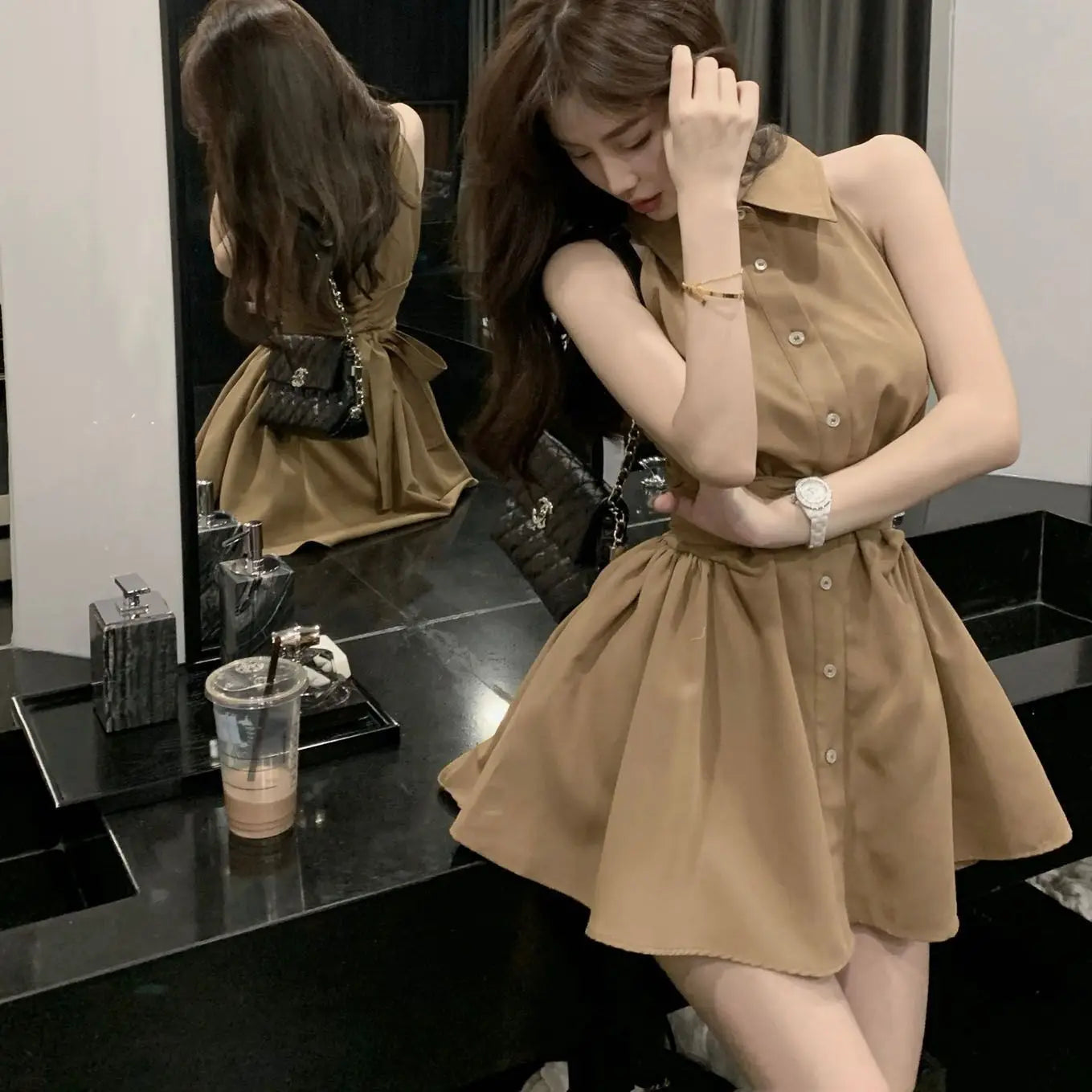Sleeveless Dresses Women Bow Lace-up Turn-down Collar Mini High Street A-line Hotsweet Partywear Korean Fashion Vestidos Ins