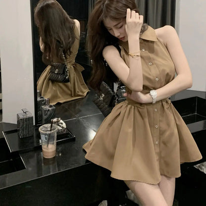 Sleeveless Dresses Women Bow Lace-up Turn-down Collar Mini High Street A-line Hotsweet Partywear Korean Fashion Vestidos Ins