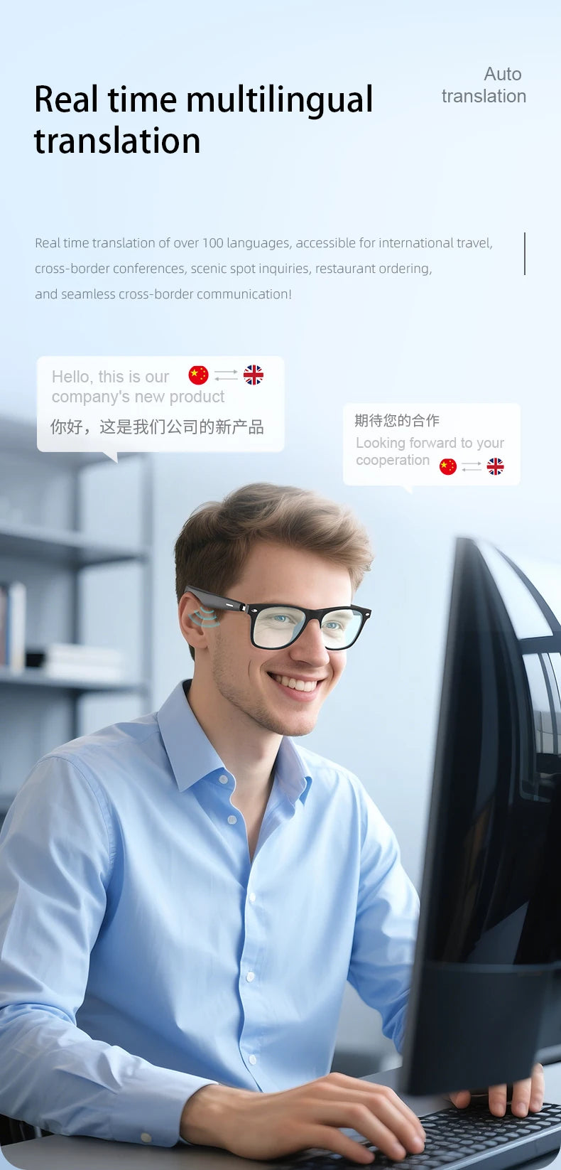 Smart Translator Glasses Headphones Bluetooth Wireless Earphones Anti-Blue Light Sunglasses Hi-Fi Audio Headset for Music Travel