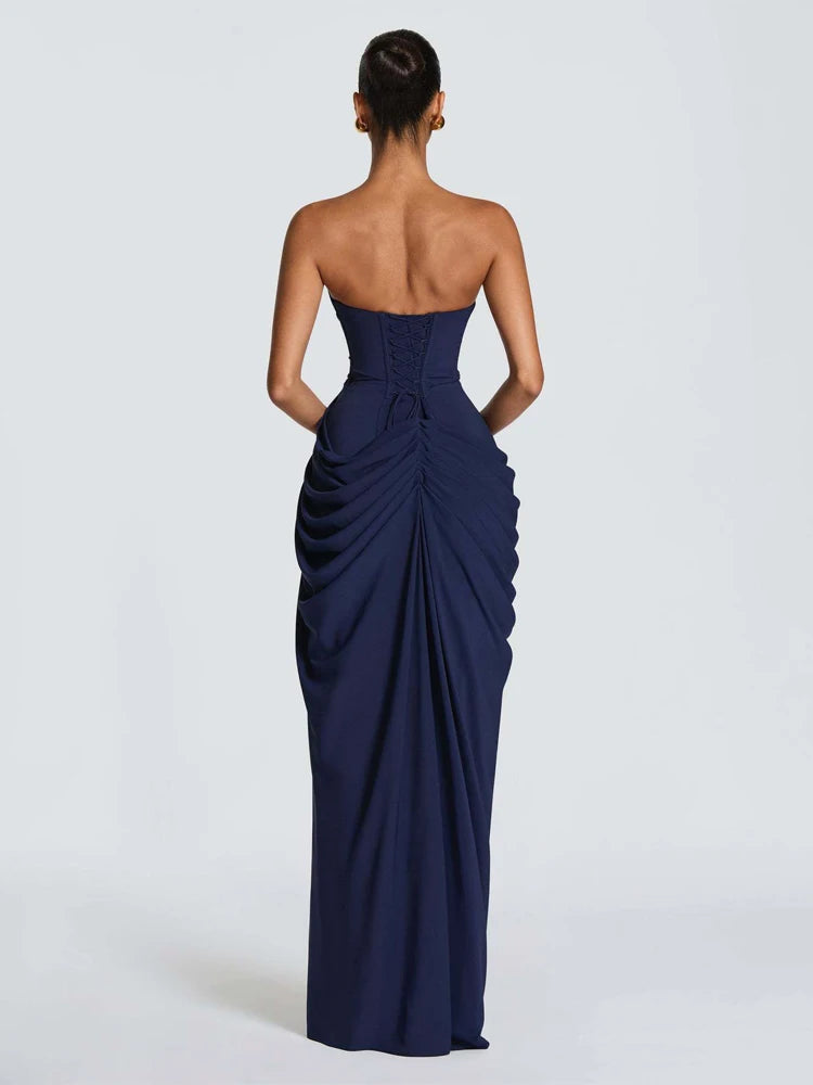 Elegant Yellow Strapless Pleated Dress Women Chic Sleeveless Waist Cinching Split Maxi Gowns 2026 Summer Lady Evening Party Robe