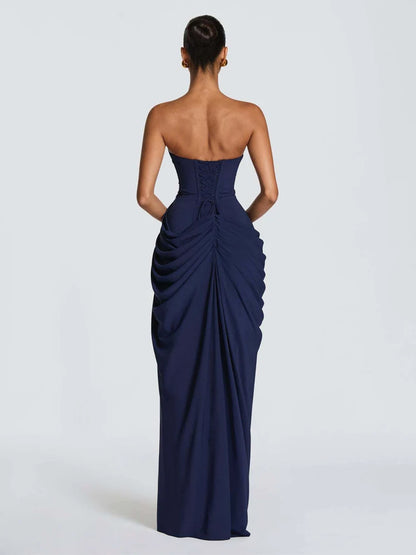 Elegant Yellow Strapless Pleated Dress Women Chic Sleeveless Waist Cinching Split Maxi Gowns 2026 Summer Lady Evening Party Robe