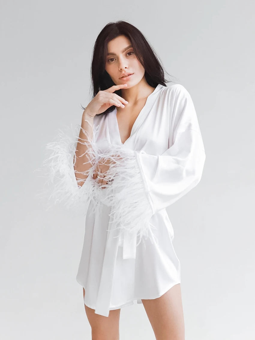 Feather Bathrobes Satin Sexy Mini Dress Long Sleeve Loose Peignoirs For Women Robe White Wedding Dress Black Bride Dresses