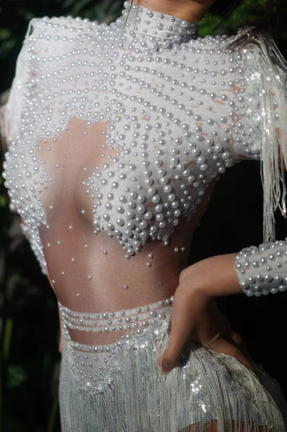 Sexy Skinny Leotard Singer Dancer Show StageWear Sparkly Blue Rhinestones Women DanceCostume Fringes One Shoulder Bodysuit  7G