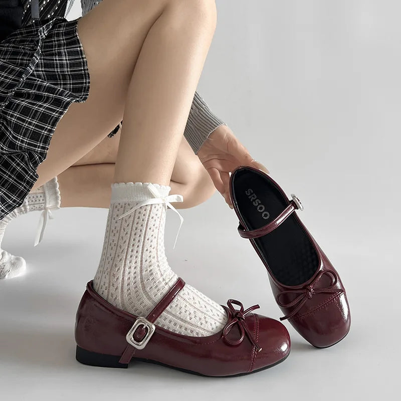2026 New Spring Vintage Women Ballet Flats Shoes Comfort Round Toe Soft Sole Shoes Elegant Butterfly-knot Dress Grandma's Shoes