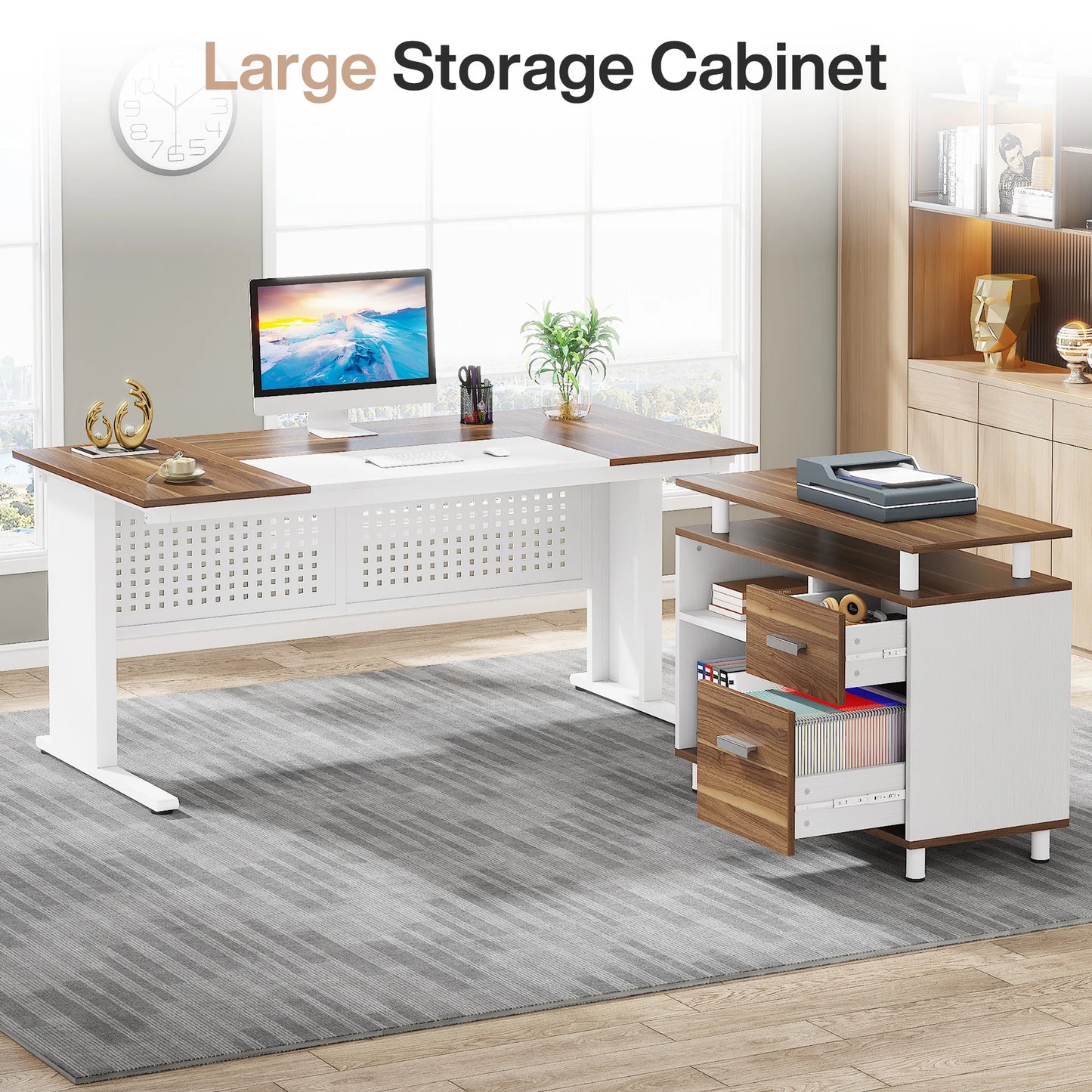 Tribesigns 63 Inch Executive Desk with File Cabinet, Large Office Desk L Shaped Computer Desk with Drawers and Storage Shelves