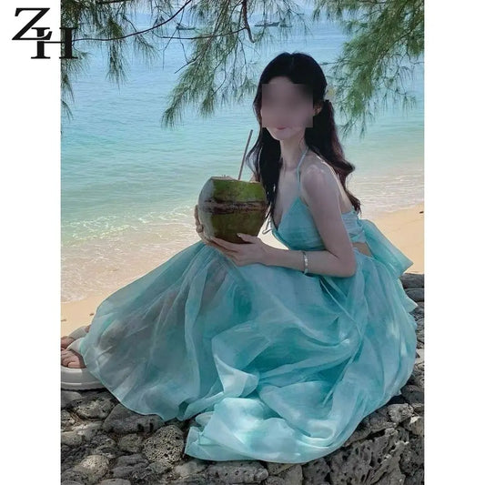 Seaside Vacation Tea Break French Halter Dress Fairy Temperament Long Skirt Backless Bow Tie Flowy Tiered Beach Dresses