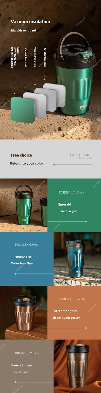 400/500ML Tyeso Vintage Coffee Mug Portable Steel Insulated Travel Cup Convenient Handheld 304 Stainless Thermos for On-the-Go