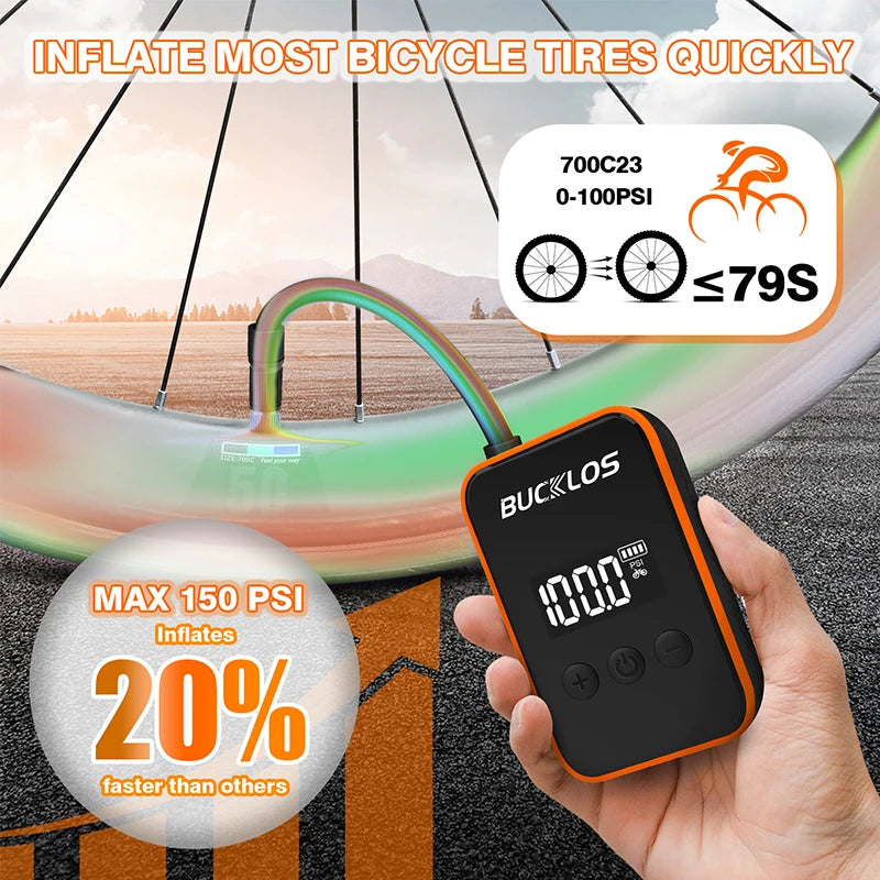 BUCKLOS Bike Mini Electric Tire Inflator 150PSI Bike Mini Air Pump Presta/Schrader Valve Portable Bicycle Air Pump Cycling Tools
