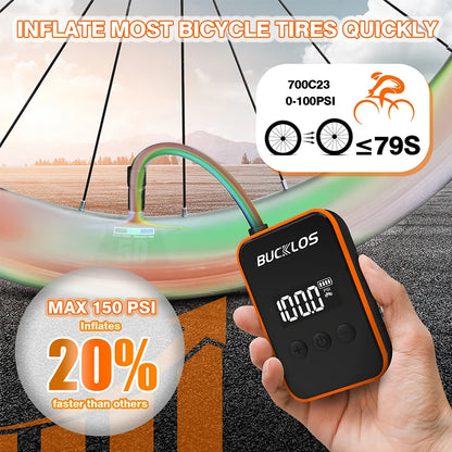BUCKLOS Bike Mini Electric Tire Inflator 150PSI Bike Mini Air Pump Presta/Schrader Valve Portable Bicycle Air Pump Cycling Tools