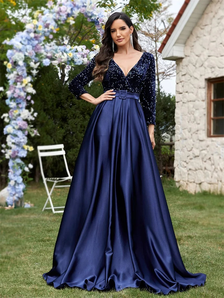 Lucyinlove Luxury Long Sleeve V-Neck Satin Formal Evening Dresses 2025 Elegant Wedding Party Sequins Women Prom Cocktail Gowns