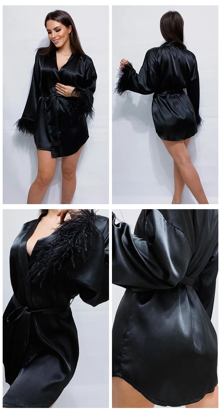 Feather Bathrobes Satin Sexy Mini Dress Long Sleeve Loose Peignoirs For Women Robe White Wedding Dress Black Bride Dresses