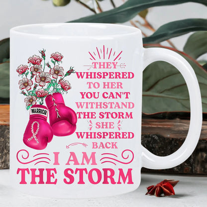 1pc 11oz "I Am The Storm" Breast Cancer Awareness Ceramic Coffee Mug - Insulated, Empowering Quote & Boxing Gloves Design, White
