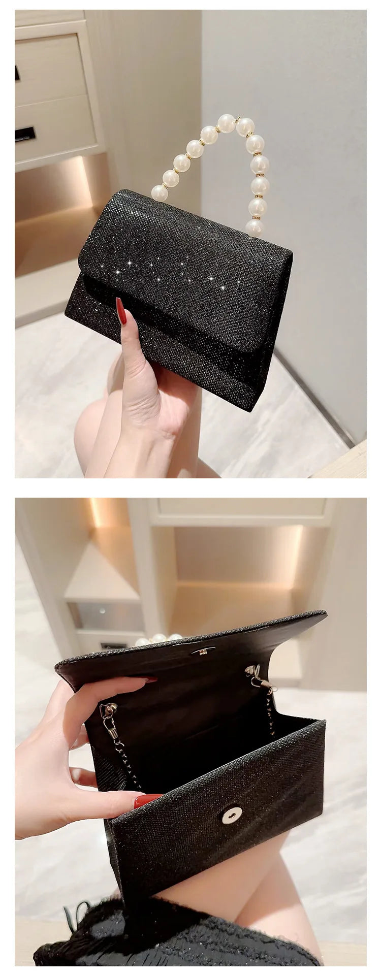 Pearl Chain Shoulder Bags Luxury Purse Gold Bright Silk Evening Bag Women Elegant Fashion Banquet Clutch Female Handbag bolsa