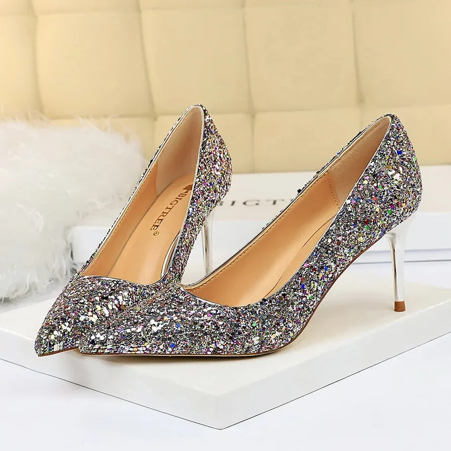 Women Luxury Bling Red  Blue Valentine Party Scarpins Pumps Lady Glitter Sequins 7cm 9.5cm High Heels Designer Shoes Plus Size