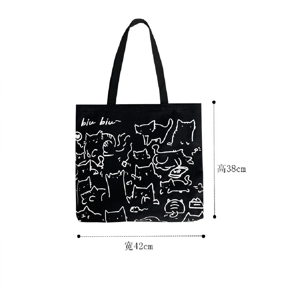 Canvas Bags Handbag for Women Shopper Cute Cat Tote Bag with Zipper Designer Bag Japanese Style Cartoon Small Shoulder Bags