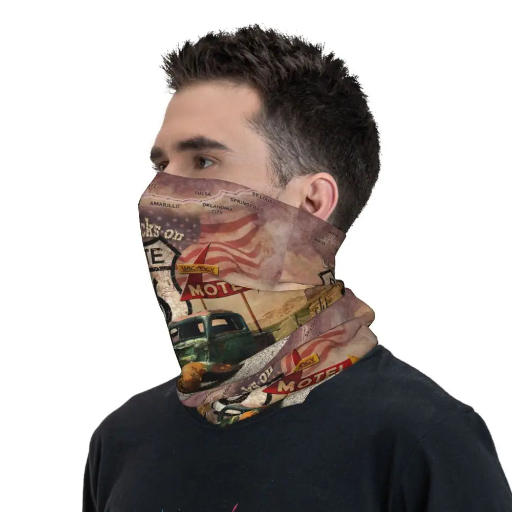 Custom Travel Motorcycle Ride Route 66 Bandana Winter Neck Warmer Windproof Wrap Face Scarf for Hiking Highways Gaiter Headband