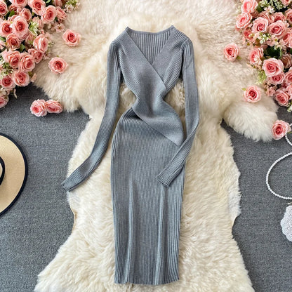 YuooMuoo Autumn Winter 2025 Women Dress Elegant Cross V-neck Slim Waist Knitted Bodycon Dress Korean Office Lady Vestidos