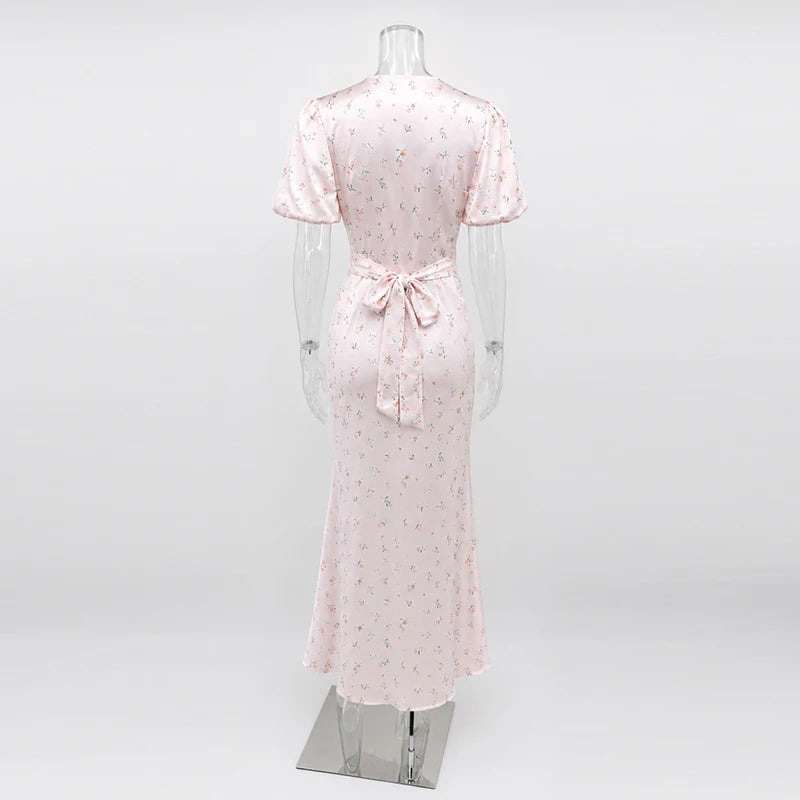 TARUXY Stylish Printed Maxi Dress Women Elegant Slim V-Neck Short-Sleeve Evening Dress Summer New Casual Commuter Female Dress