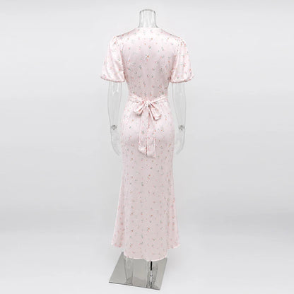 TARUXY Stylish Printed Maxi Dress Women Elegant Slim V-Neck Short-Sleeve Evening Dress Summer New Casual Commuter Female Dress