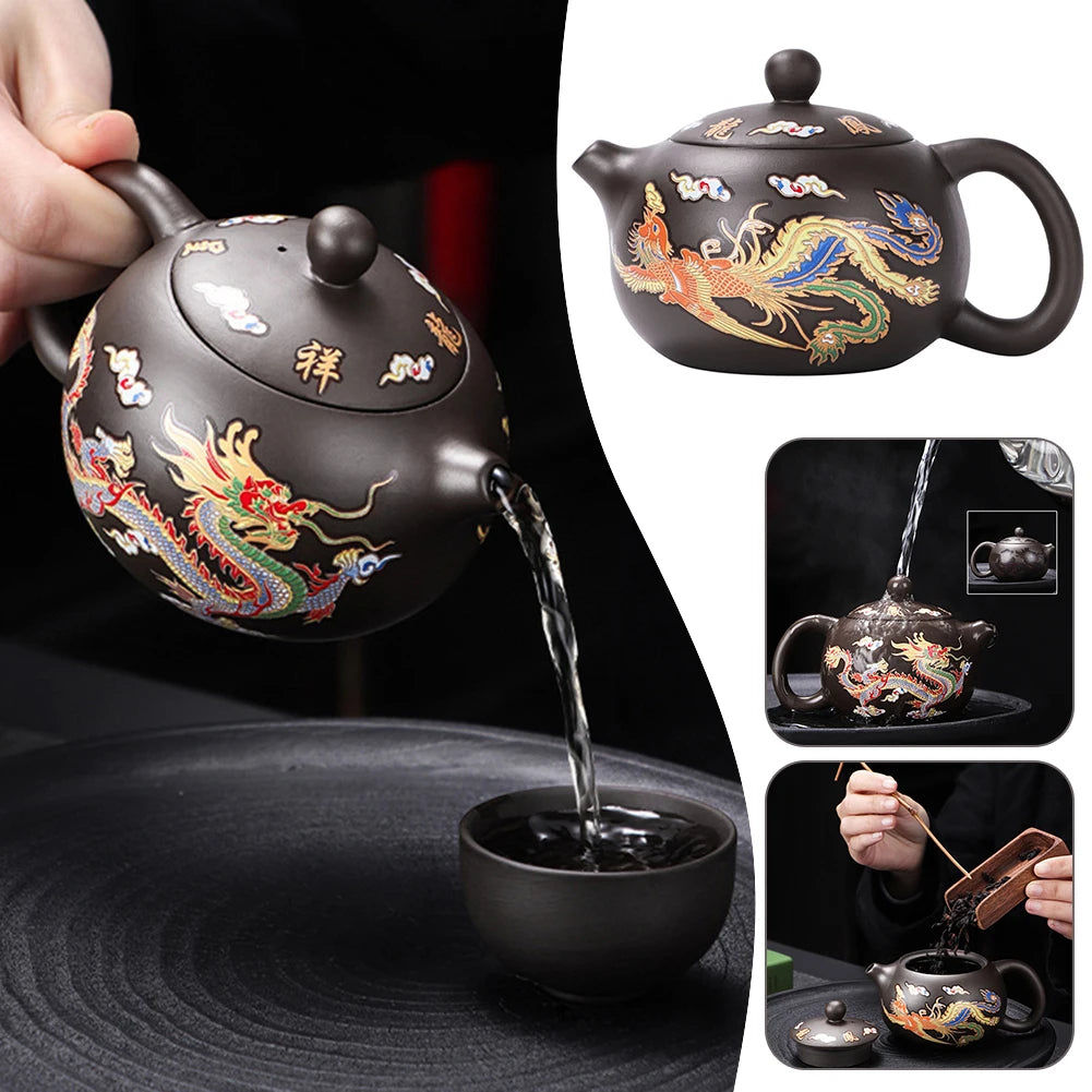 Hand-made Dragons Phoenixs Color-changing Purple Clay Teapot Reusable Tea Pot For Brewings Tea Cup Infuser Teapot Valuable Gift
