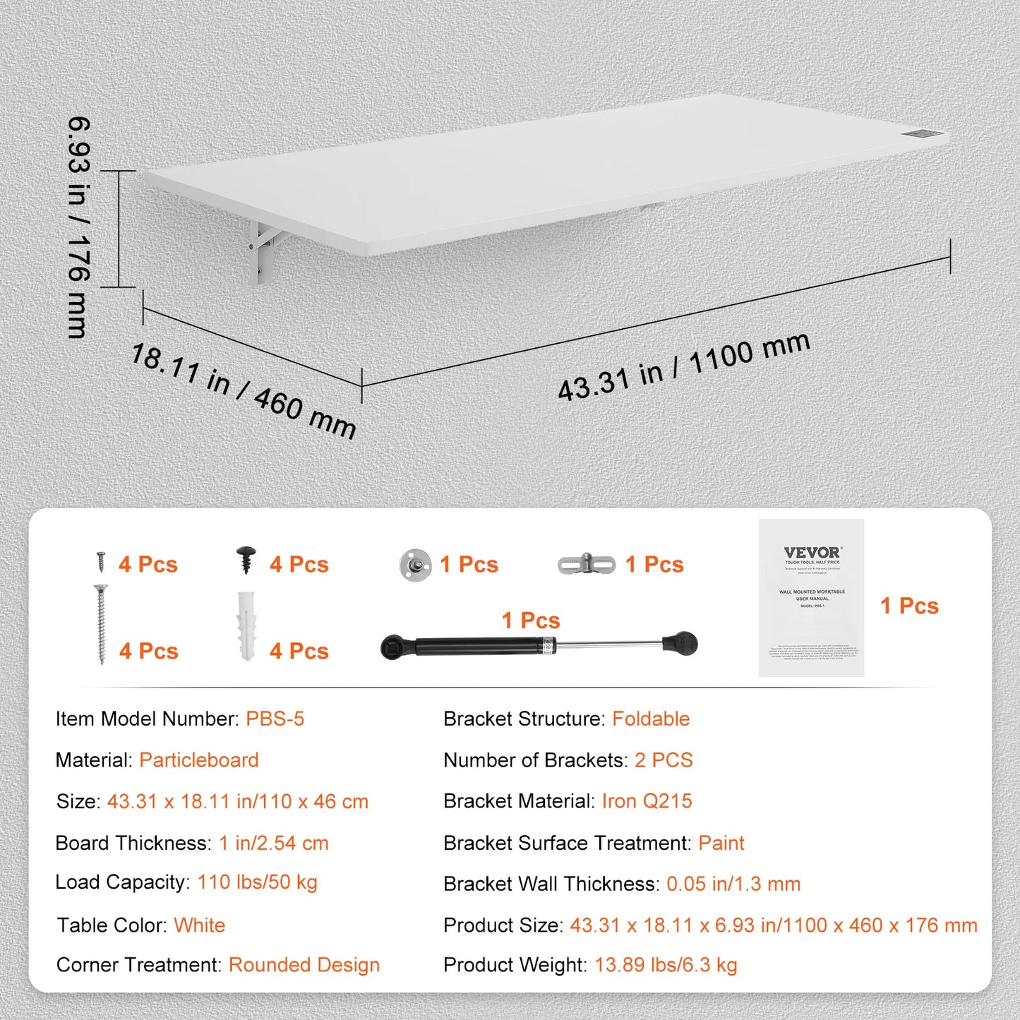 SucceBuy Wall Mounted Folding Table Drop Leaf  Floating Desk with Bracket Fold Down for Home Office Room Kitchen Space-Saving