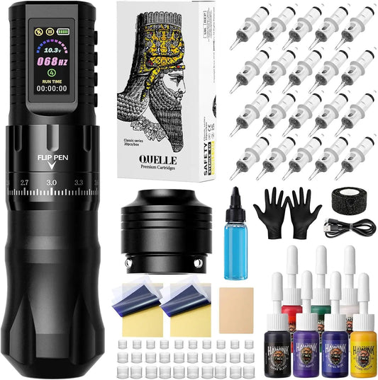 Wireless Tattoo Machine Kit with Adjustable Stroke, RCA Section, Cartridges Needles, and Ink for Artists