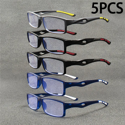 5PCS Sport Style Non-Prescription Reading Glasses Anti-Blue Light Rectangular Full Rim Eyewear, PC Frame Material