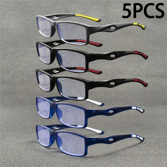5PCS Sport Style Non-Prescription Reading Glasses Anti-Blue Light Rectangular Full Rim Eyewear, PC Frame Material