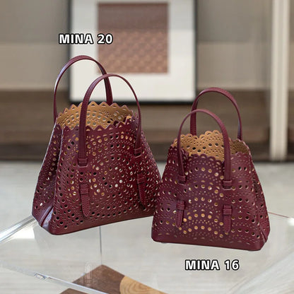 New Tote Bag French Cowhide Handmade Bag Niche Laser Engraved Hollow Leather Vegetable Basket Bag Casual Versatile Temperament