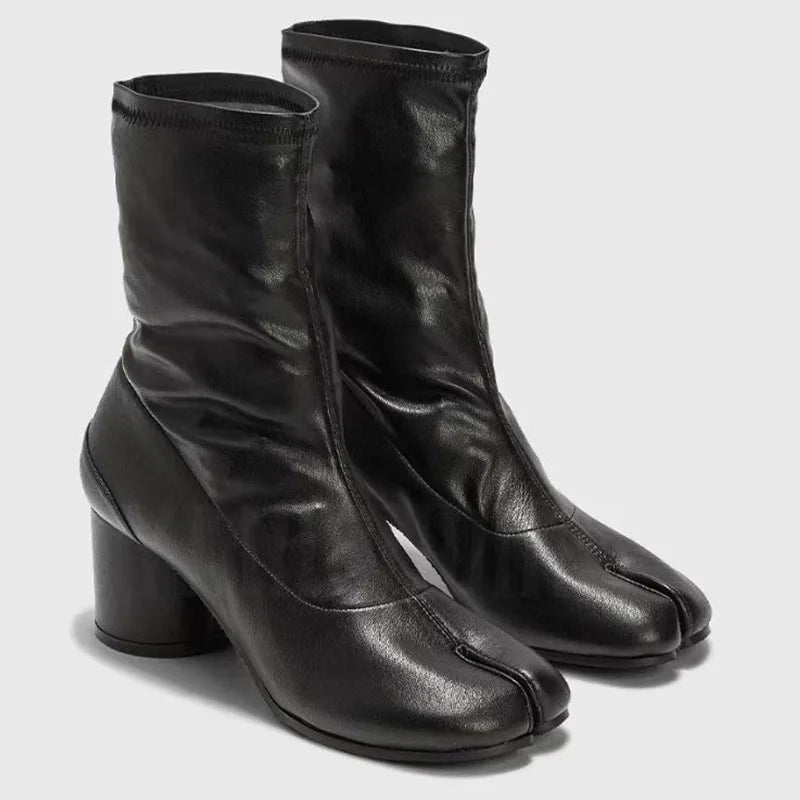 2025 Luxury Brand Designer Split Toe Ankle Boots New Fashion Chunky Round High Heels Women Boots Winter Plaid Boots
