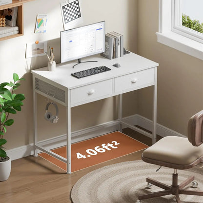 White Small Computer Desk with 2 Fabric Drawers, 34 Inch Home Office Writing Vanity Study Table for Adults Students