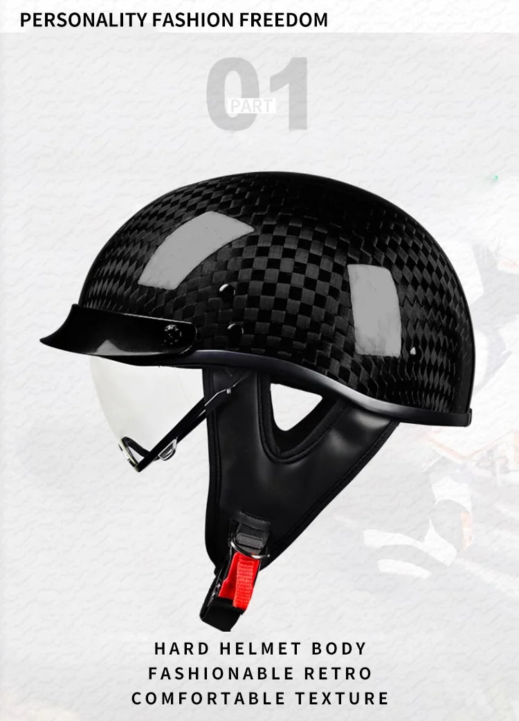    Best Seller Carbon Fiber Retro Motorcycle Half Face Helmet with Comfortable Lining Protective Goggles Helmet Factory Wholesale